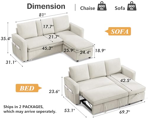 81" Chenille Beige Sleeper Sofa Bed with Pull Out Bed B272