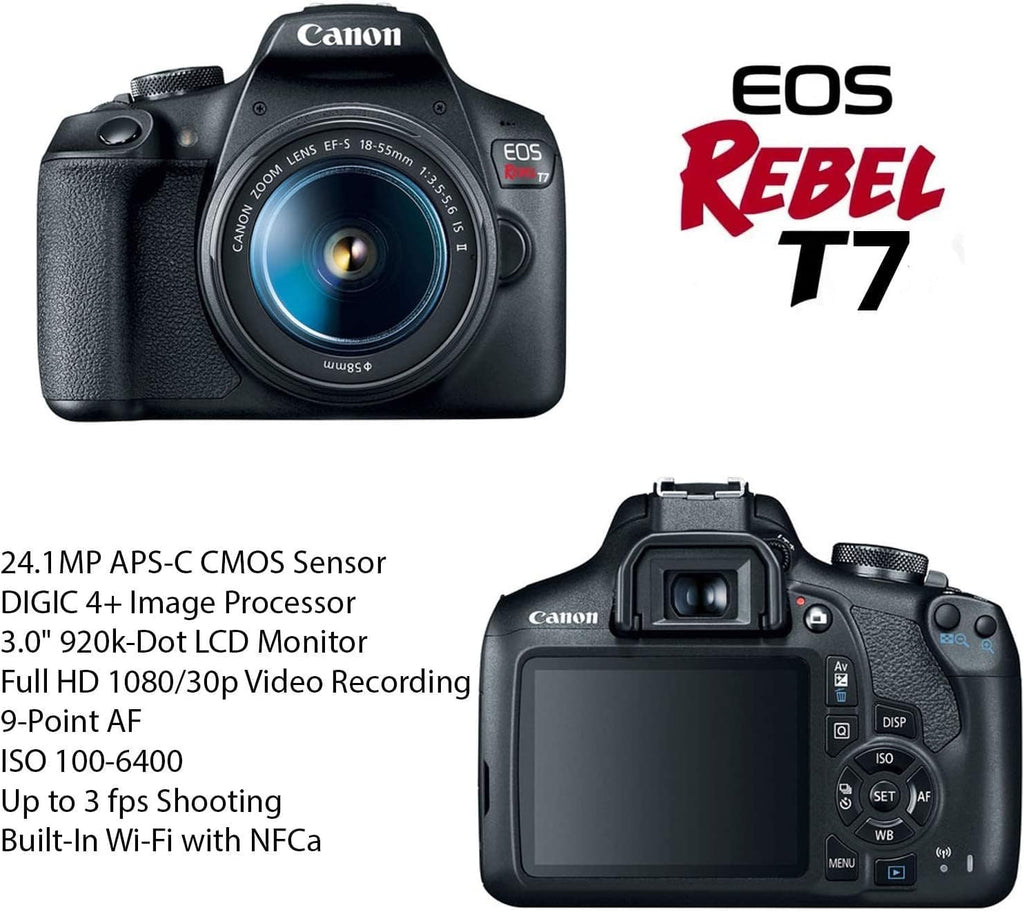 Canon EOS Rebel T7 DSLR Camera with 18-55mm is II Lens & Canon EF 75-300mm III Lens Bundle + 420-800mm Zoom Lens + 64GB Ultra Memory + Filters + Monopod (Renewed) V672