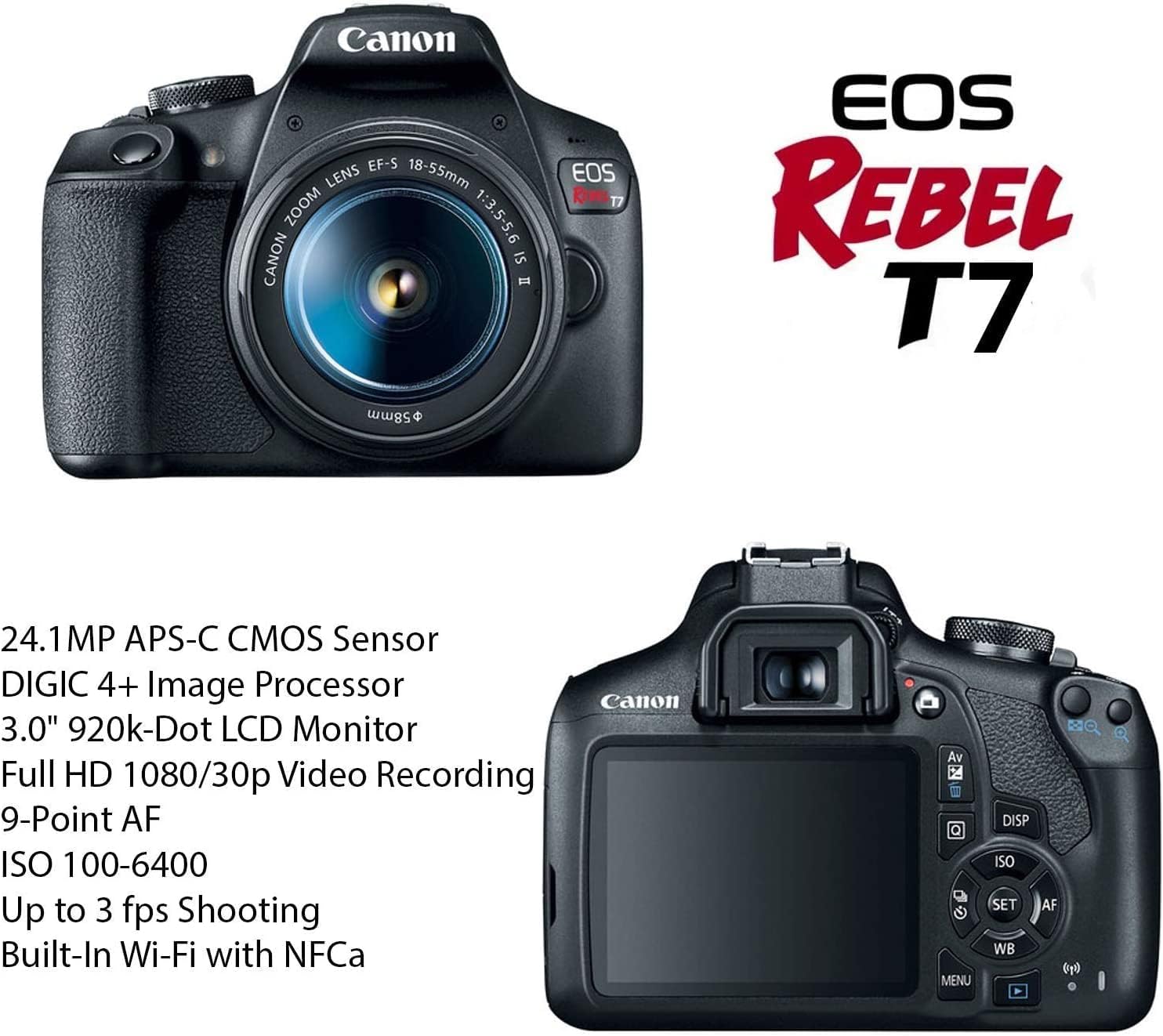 Canon EOS Rebel T7 DSLR Camera with 18-55mm is II Lens & Canon EF 75-300mm III Lens Bundle + 420-800mm Zoom Lens + 64GB Ultra Memory + Filters + Monopod (Renewed) V672