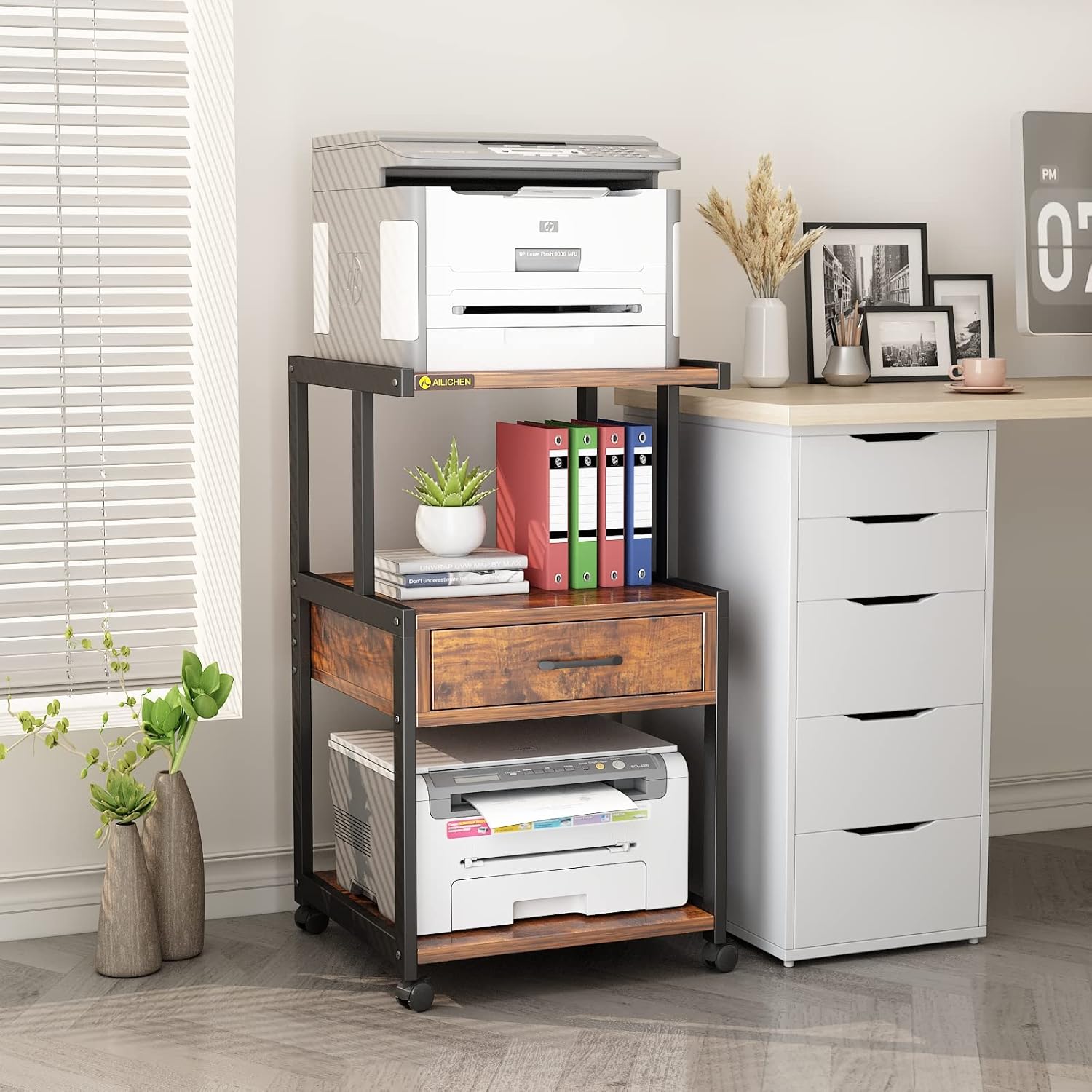 3-Tier Printer Stand with Drawers Record Player Stand End Table Storage Cabinet Printer Rack with Wheels Rolling Filing Cabinet Printer Cart U57831